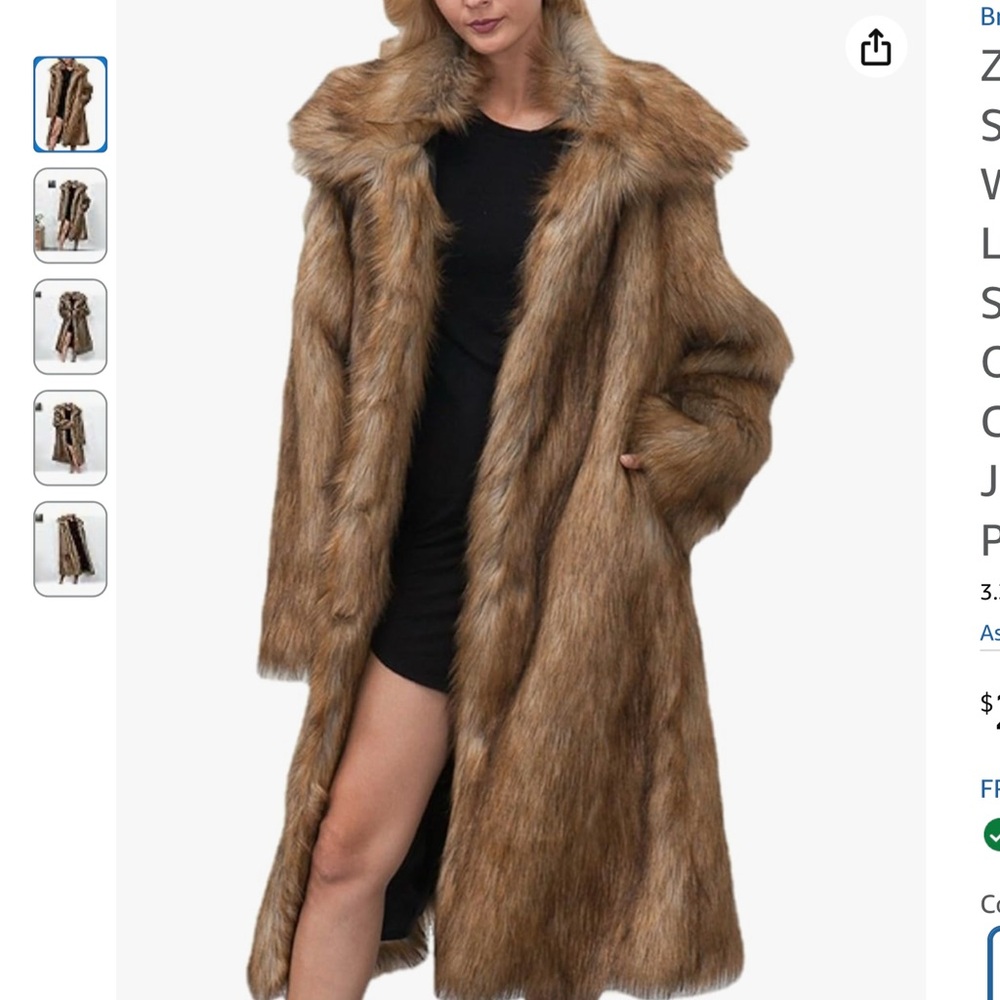 Brown Faux Fur Long Coat with Pockets